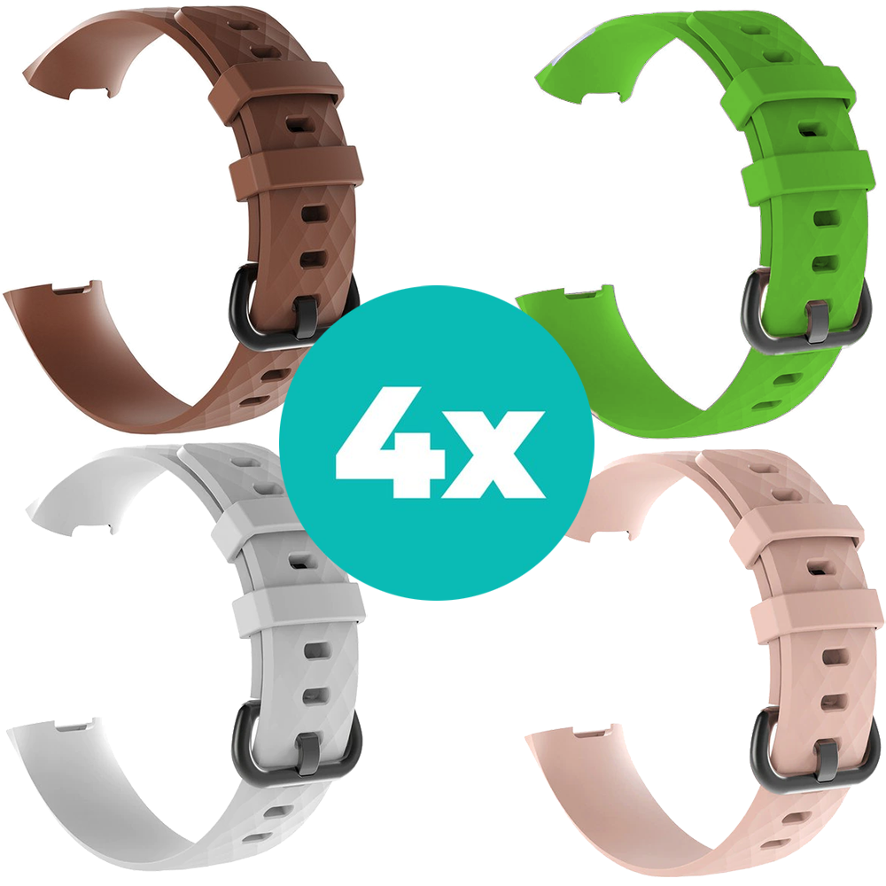 Strap-it Siliconen bandjes geschikt voor Fitbit Charge 4 bandje - Bundel van 4 bandjes - Sport bandje Geschikt voor Fitbit Charge 3 bandje - Set bandjes 4x Bruin - Wit - Lichtroze - Groen - Maat S/M (Small)
