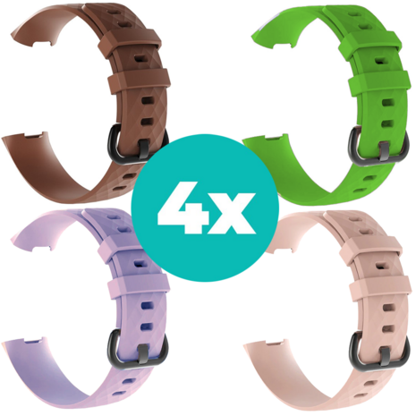 Strap-it Siliconen bandjes geschikt voor Fitbit Charge 4 bandje - Bundel van 4 bandjes - Sport bandje Geschikt voor Fitbit Charge 3 bandje - Set bandjes 4x Bruin - Lila - Lichtroze - Groen - Maat S/M (Small)