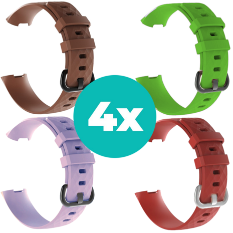 Strap-it Siliconen bandjes geschikt voor Fitbit Charge 4 bandje - Bundel van 4 bandjes - Sport bandje Geschikt voor Fitbit Charge 3 bandje - Set bandjes 4x Bruin - Lila - Rood - Groen - Maat S/M (Small)