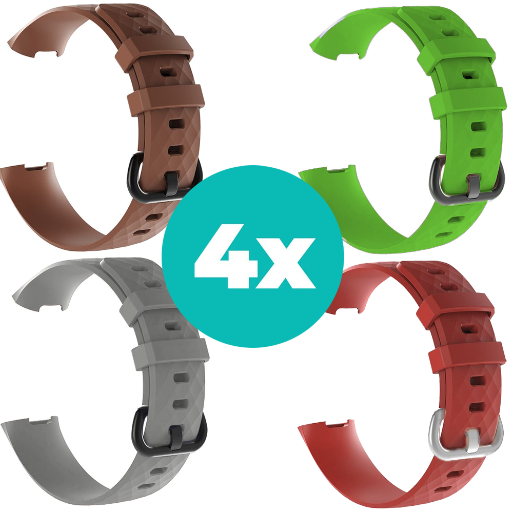 Strap-it Siliconen bandjes geschikt voor Fitbit Charge 4 bandje - Bundel van 4 bandjes - Sport bandje Geschikt voor Fitbit Charge 3 bandje - Set bandjes 4x Bruin - Grijs - Rood - Groen - Maat S/M (Small)