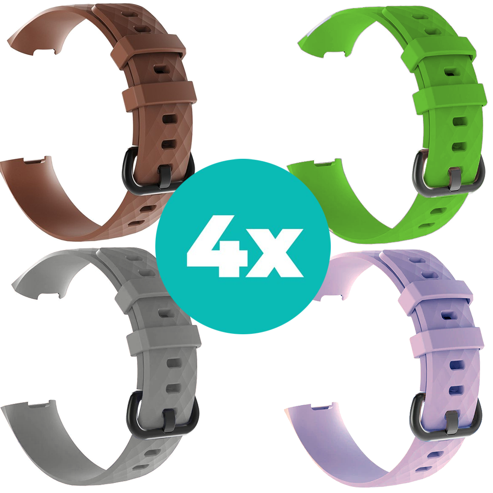 Strap-it Siliconen bandjes geschikt voor Fitbit Charge 4 bandje - Bundel van 4 bandjes - Sport bandje Geschikt voor Fitbit Charge 3 bandje - Set bandjes 4x Bruin - Grijs - Lila - Groen - Maat S/M (Small)