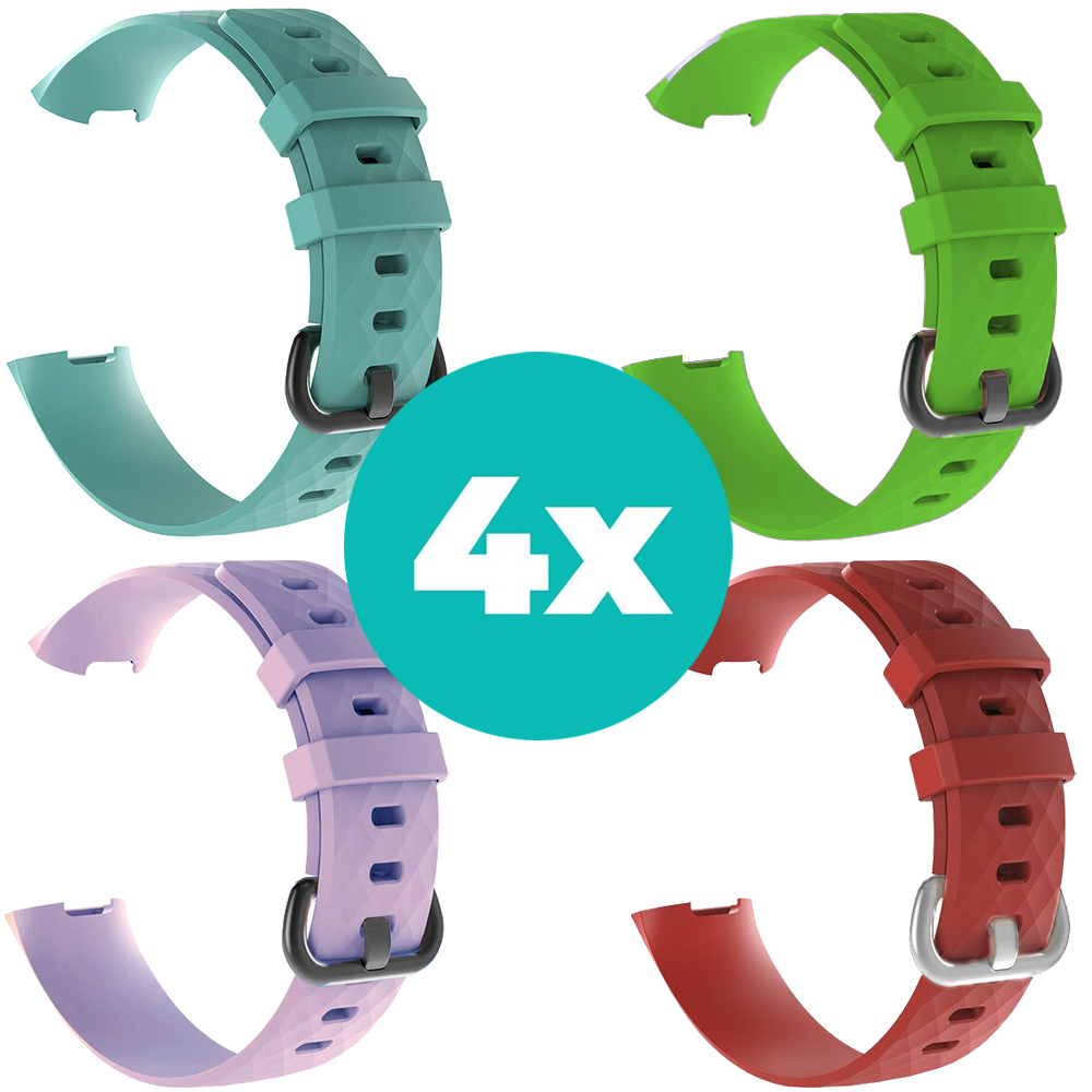 Strap-it Siliconen bandjes geschikt voor Fitbit Charge 4 bandje - Bundel van 4 bandjes - Sport bandje Geschikt voor Fitbit Charge 3 bandje - Set bandjes 4x Aqua - Lila - Rood - Groen - Maat S/M (Small)