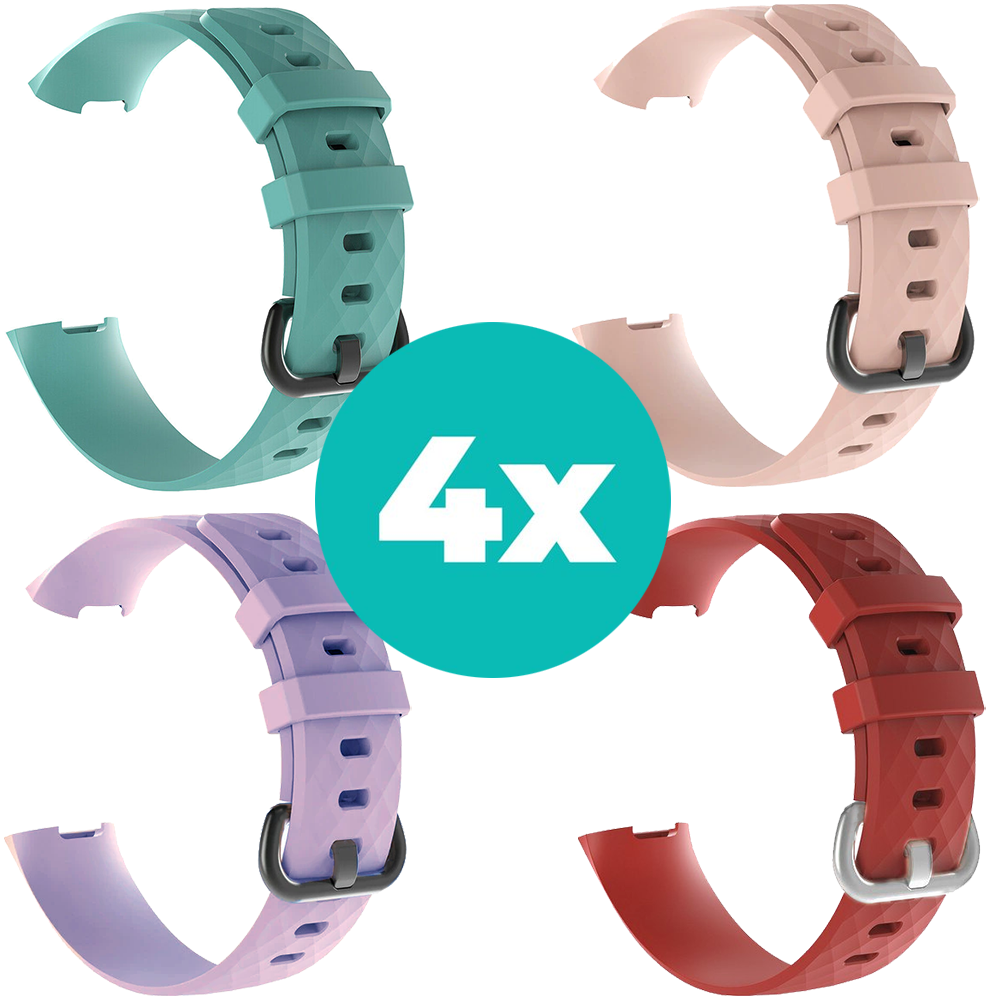 Strap-it Siliconen bandjes geschikt voor Fitbit Charge 4 bandje - Bundel van 4 bandjes - Sport bandje Geschikt voor Fitbit Charge 3 bandje - Set bandjes 4x Aqua - Lila - Rood - Lichtroze - Maat S/M (Small)
