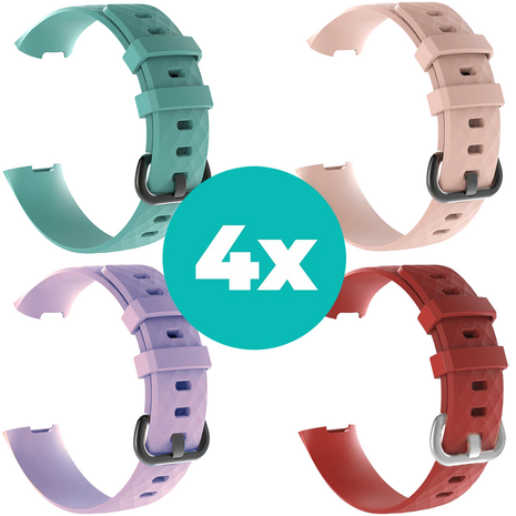 Strap-it Siliconen bandjes geschikt voor Fitbit Charge 4 bandje - Bundel van 4 bandjes - Sport bandje Geschikt voor Fitbit Charge 3 bandje - Set bandjes 4x Aqua - Lila - Rood - Lichtroze - Maat S/M (Small)
