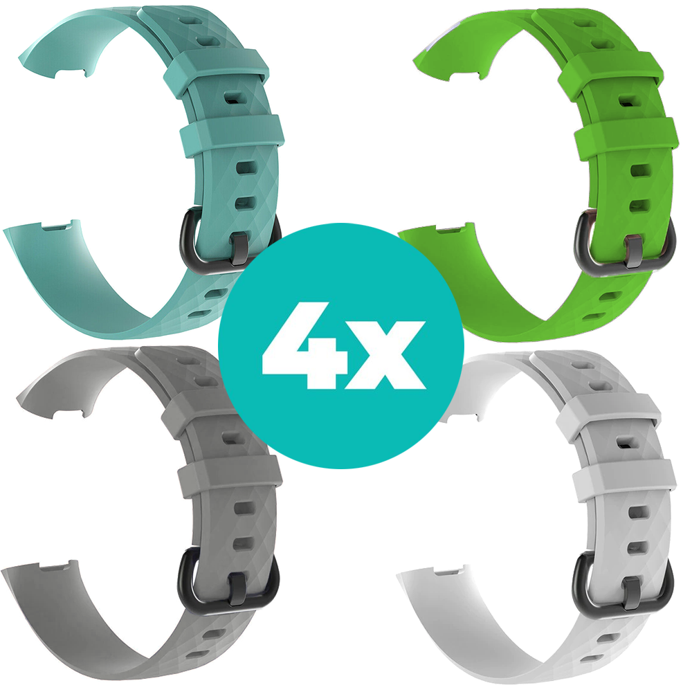 Strap-it Siliconen bandjes geschikt voor Fitbit Charge 4 bandje - Bundel van 4 bandjes - Sport bandje Geschikt voor Fitbit Charge 3 bandje - Set bandjes 4x Aqua - Grijs - Wit - Groen - Maat S/M (Small)