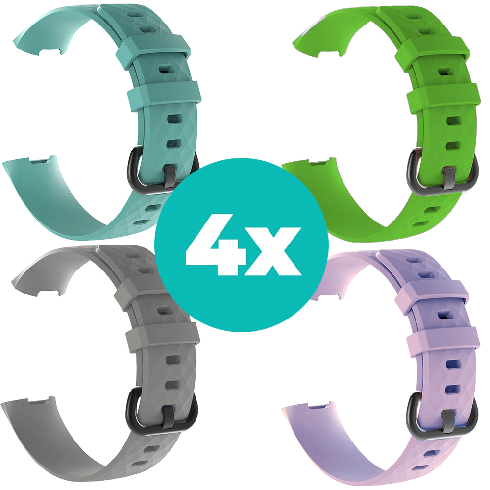 Strap-it Siliconen bandjes geschikt voor Fitbit Charge 4 bandje - Bundel van 4 bandjes - Sport bandje Geschikt voor Fitbit Charge 3 bandje - Set bandjes 4x Aqua - Grijs - Lila - Groen - Maat S/M (Small)