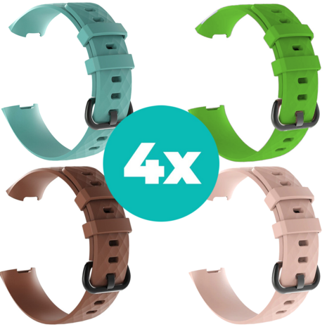 Strap-it Siliconen bandjes geschikt voor Fitbit Charge 4 bandje - Bundel van 4 bandjes - Sport bandje Geschikt voor Fitbit Charge 3 bandje - Set bandjes 4x Aqua - Bruin - Lichtroze - Groen - Maat S/M (Small)
