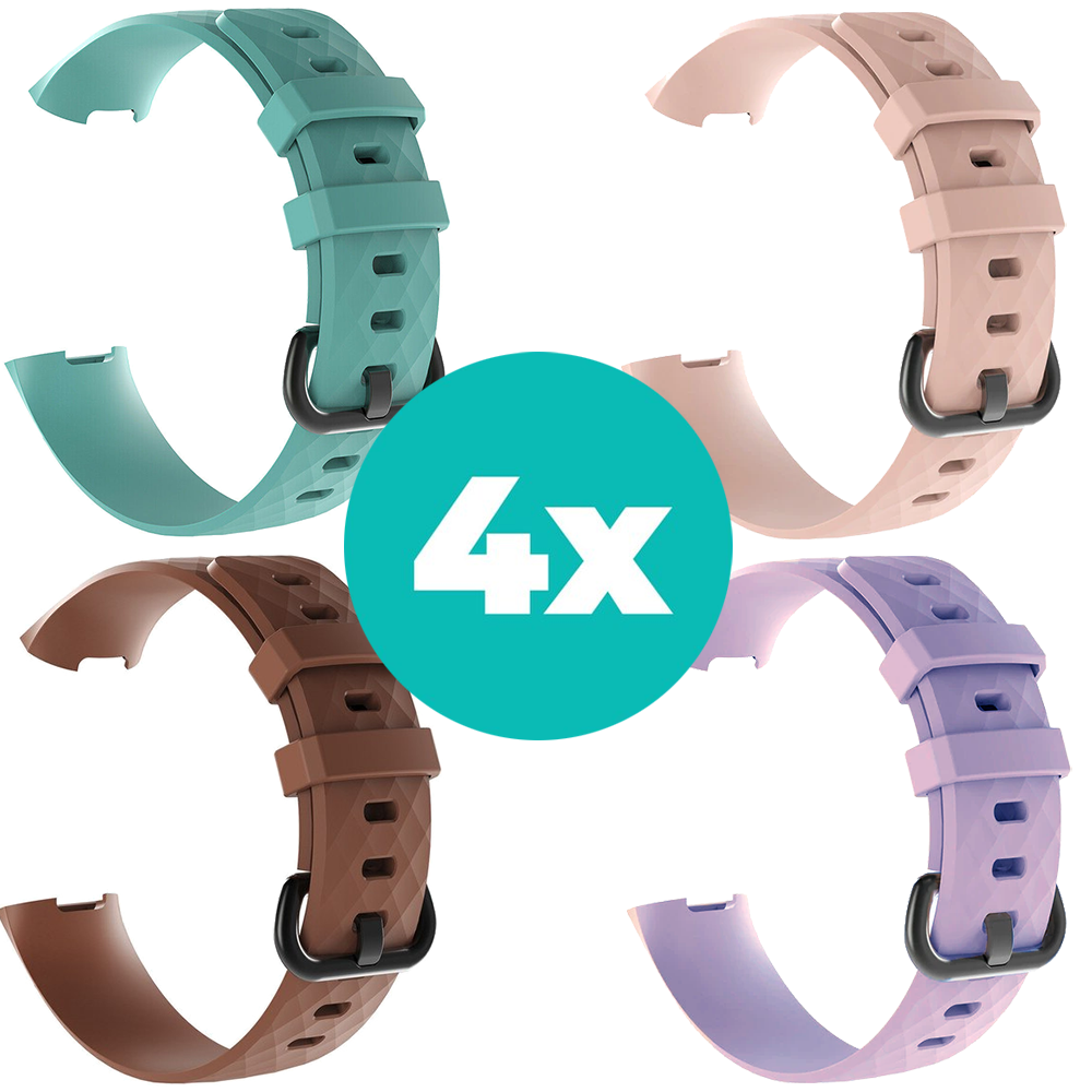 Strap-it Siliconen bandjes geschikt voor Fitbit Charge 4 bandje - Bundel van 4 bandjes - Sport bandje Geschikt voor Fitbit Charge 3 bandje - Set bandjes 4x Aqua - Bruin - Lila - Lichtroze - Maat S/M (Small)