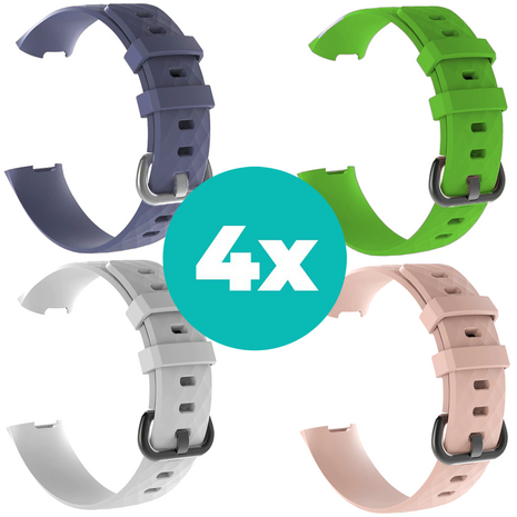 Strap-it Siliconen bandjes geschikt voor Fitbit Charge 4 bandje - Bundel van 4 bandjes - Sport bandje Geschikt voor Fitbit Charge 3 bandje - Set bandjes 4x Grijsblauw - Wit - Lichtroze - Groen - Maat S/M (Small)