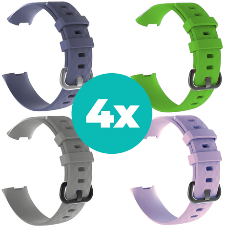 Strap-it Siliconen bandjes geschikt voor Fitbit Charge 4 bandje - Bundel van 4 bandjes - Sport bandje Geschikt voor Fitbit Charge 3 bandje - Set bandjes 4x Grijsblauw - Grijs - Lila - Groen - Maat S/M (Small)