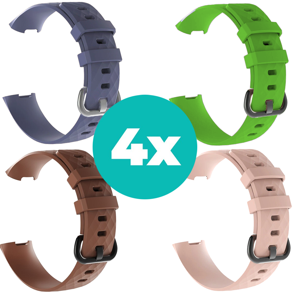 Strap-it Siliconen bandjes geschikt voor Fitbit Charge 4 bandje - Bundel van 4 bandjes - Sport bandje Geschikt voor Fitbit Charge 3 bandje - Set bandjes 4x Grijsblauw - Bruin - Lichtroze - Groen - Maat S/M (Small)