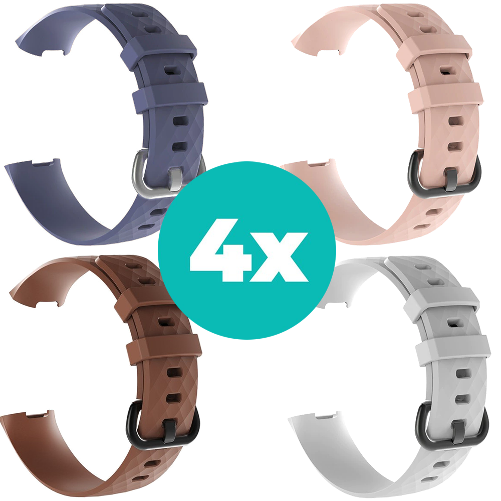 Strap-it Siliconen bandjes geschikt voor Fitbit Charge 4 bandje - Bundel van 4 bandjes - Sport bandje Geschikt voor Fitbit Charge 3 bandje - Set bandjes 4x Grijsblauw - Bruin - Wit - Lichtroze - Maat S/M (Small)