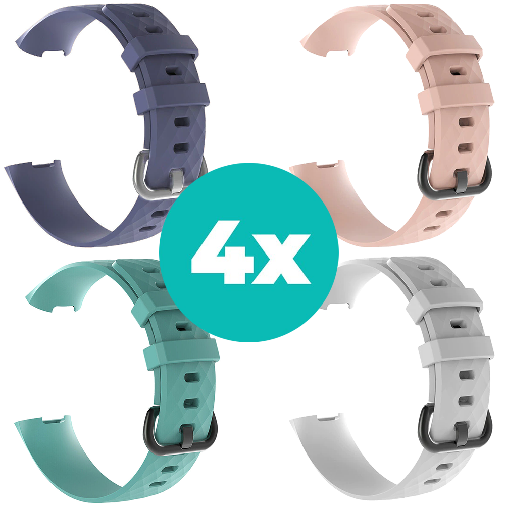 Strap-it Siliconen bandjes geschikt voor Fitbit Charge 4 bandje - Bundel van 4 bandjes - Sport bandje Geschikt voor Fitbit Charge 3 bandje - Set bandjes 4x Grijsblauw - Aqua - Wit - Lichtroze - Maat S/M (Small)