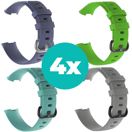 Strap-it Siliconen bandjes geschikt voor Fitbit Charge 4 bandje - Bundel van 4 bandjes - Sport bandje Geschikt voor Fitbit Charge 3 bandje - Set bandjes 4x Grijsblauw - Aqua - Grijs - Groen - Maat S/M (Small)