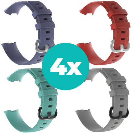 Strap-it Siliconen bandjes geschikt voor Fitbit Charge 4 bandje - Bundel van 4 bandjes - Sport bandje Geschikt voor Fitbit Charge 3 bandje - Set bandjes 4x Grijsblauw - Aqua - Grijs - Rood - Maat S/M (Small)