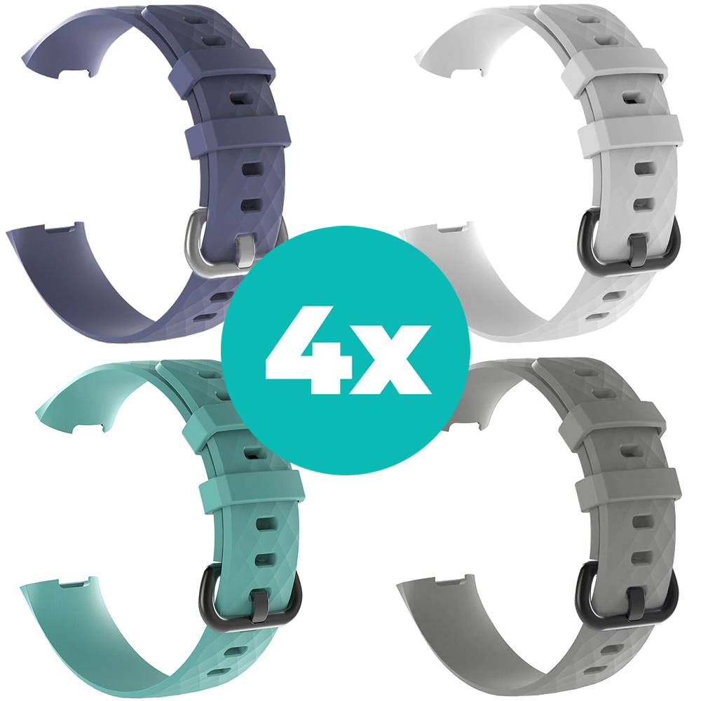 Strap-it Siliconen bandjes geschikt voor Fitbit Charge 4 bandje - Bundel van 4 bandjes - Sport bandje Geschikt voor Fitbit Charge 3 bandje - Set bandjes 4x Grijsblauw - Aqua - Grijs - Wit - Maat S/M (Small)