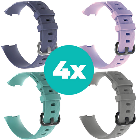 Strap-it Siliconen bandjes geschikt voor Fitbit Charge 4 bandje - Bundel van 4 bandjes - Sport bandje Geschikt voor Fitbit Charge 3 bandje - Set bandjes 4x Grijsblauw - Aqua - Grijs - Lila - Maat S/M (Small)