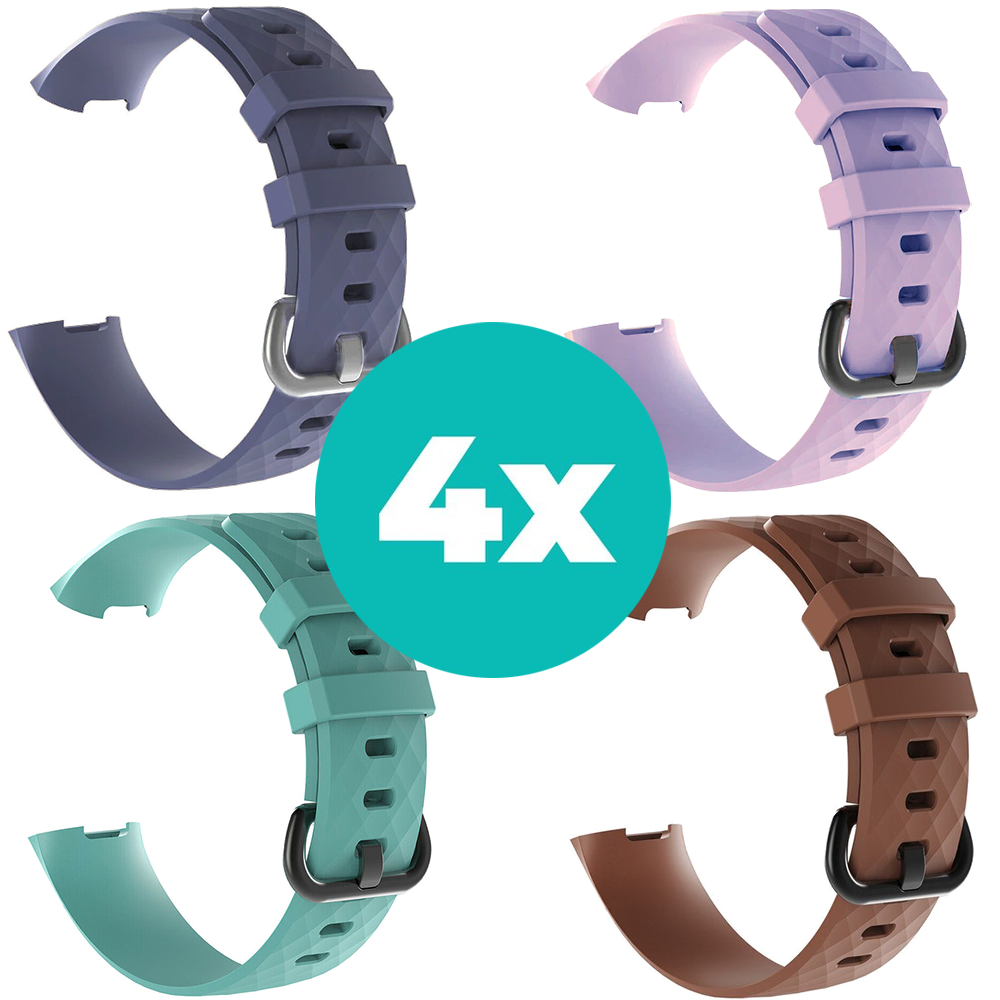 Strap-it Siliconen bandjes geschikt voor Fitbit Charge 4 bandje - Bundel van 4 bandjes - Sport bandje Geschikt voor Fitbit Charge 3 bandje - Set bandjes 4x Grijsblauw - Aqua - Bruin - Lila - Maat S/M (Small)