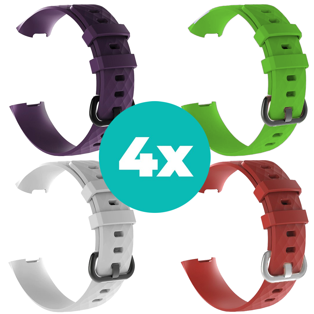 Strap-it Siliconen bandjes geschikt voor Fitbit Charge 4 bandje - Bundel van 4 bandjes - Sport bandje Geschikt voor Fitbit Charge 3 bandje - Set bandjes 4x Paars - Wit - Rood - Groen - Maat S/M (Small)
