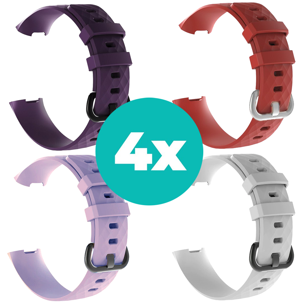 Strap-it Siliconen bandjes geschikt voor Fitbit Charge 4 bandje - Bundel van 4 bandjes - Sport bandje Geschikt voor Fitbit Charge 3 bandje - Set bandjes 4x Paars - Lila - Wit - Rood - Maat S/M (Small)