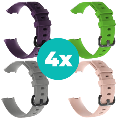 Strap-it Siliconen bandjes geschikt voor Fitbit Charge 4 bandje - Bundel van 4 bandjes - Sport bandje Geschikt voor Fitbit Charge 3 bandje - Set bandjes 4x Paars - Grijs - Lichtroze - Groen - Maat S/M (Small)