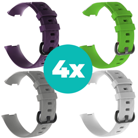 Strap-it Siliconen bandjes geschikt voor Fitbit Charge 4 bandje - Bundel van 4 bandjes - Sport bandje Geschikt voor Fitbit Charge 3 bandje - Set bandjes 4x Paars - Grijs - Wit - Groen - Maat S/M (Small)