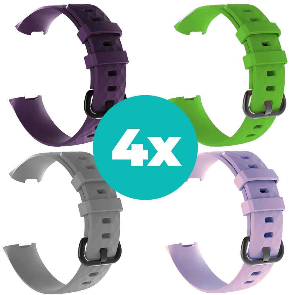 Strap-it Siliconen bandjes geschikt voor Fitbit Charge 4 bandje - Bundel van 4 bandjes - Sport bandje Geschikt voor Fitbit Charge 3 bandje - Set bandjes 4x Paars - Grijs - Lila - Groen - Maat S/M (Small)