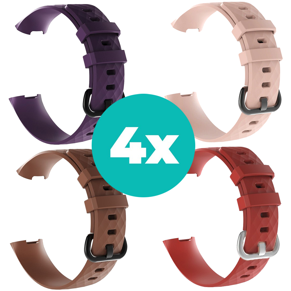 Strap-it Siliconen bandjes geschikt voor Fitbit Charge 4 bandje - Bundel van 4 bandjes - Sport bandje Geschikt voor Fitbit Charge 3 bandje - Set bandjes 4x Paars - Bruin - Rood - Lichtroze - Maat S/M (Small)