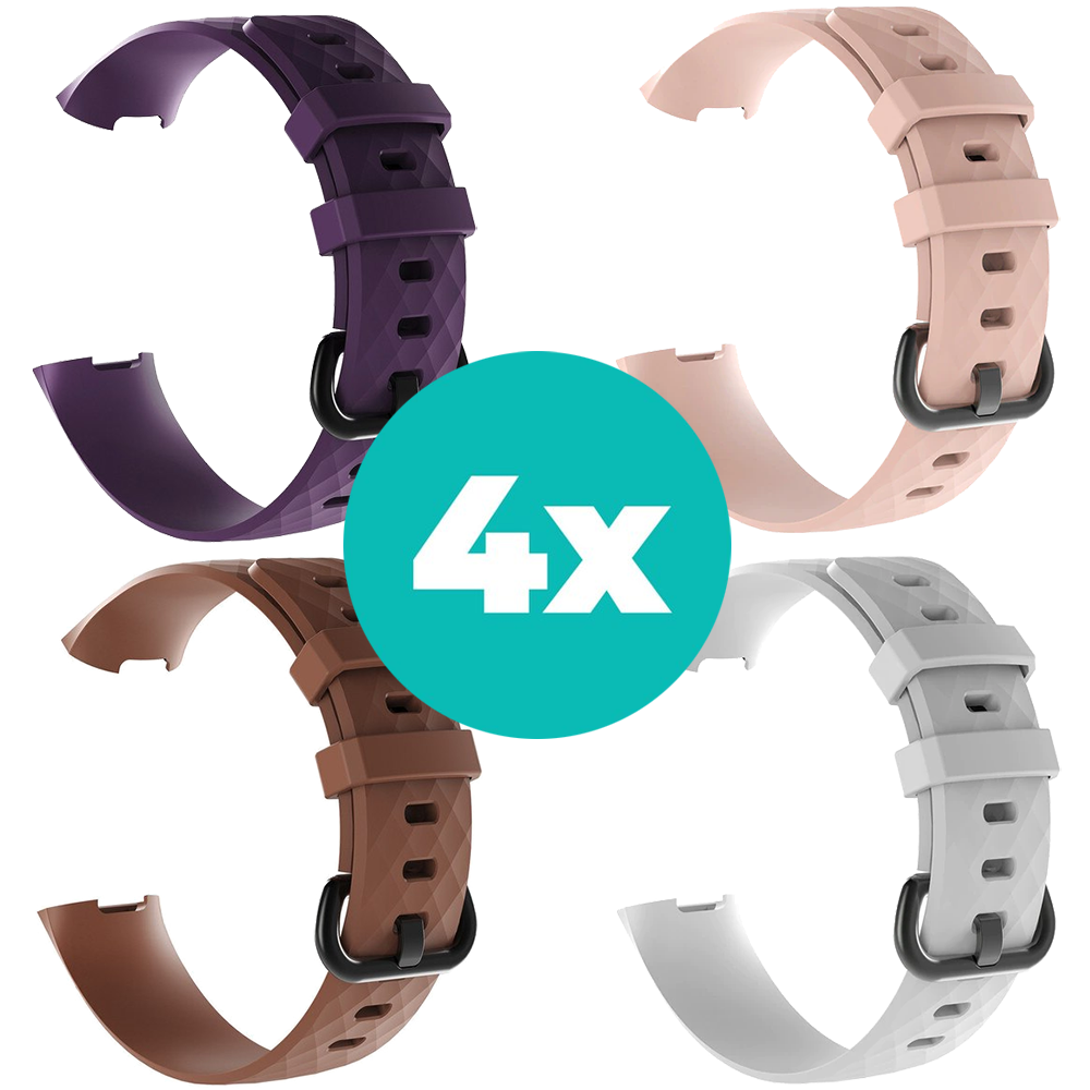 Strap-it Siliconen bandjes geschikt voor Fitbit Charge 4 bandje - Bundel van 4 bandjes - Sport bandje Geschikt voor Fitbit Charge 3 bandje - Set bandjes 4x Paars - Bruin - Wit - Lichtroze - Maat S/M (Small)