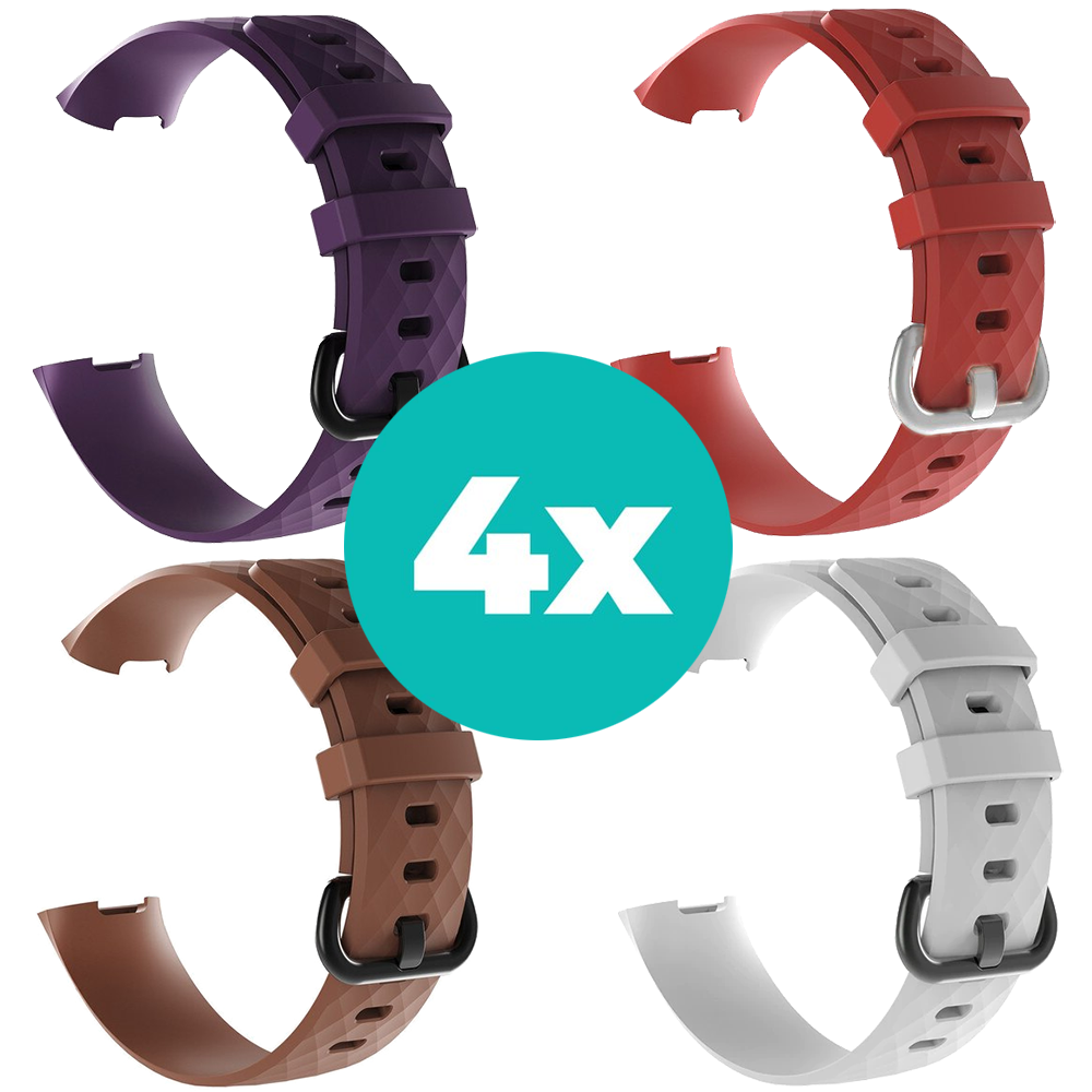 Strap-it Siliconen bandjes geschikt voor Fitbit Charge 4 bandje - Bundel van 4 bandjes - Sport bandje Geschikt voor Fitbit Charge 3 bandje - Set bandjes 4x Paars - Bruin - Wit - Rood - Maat S/M (Small)