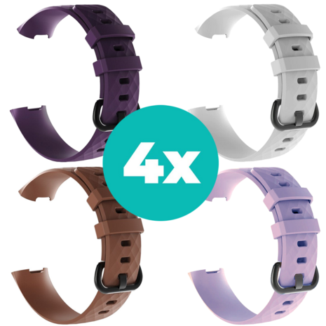 Strap-it Siliconen bandjes geschikt voor Fitbit Charge 4 bandje - Bundel van 4 bandjes - Sport bandje Geschikt voor Fitbit Charge 3 bandje - Set bandjes 4x Paars - Bruin - Lila - Wit - Maat S/M (Small)