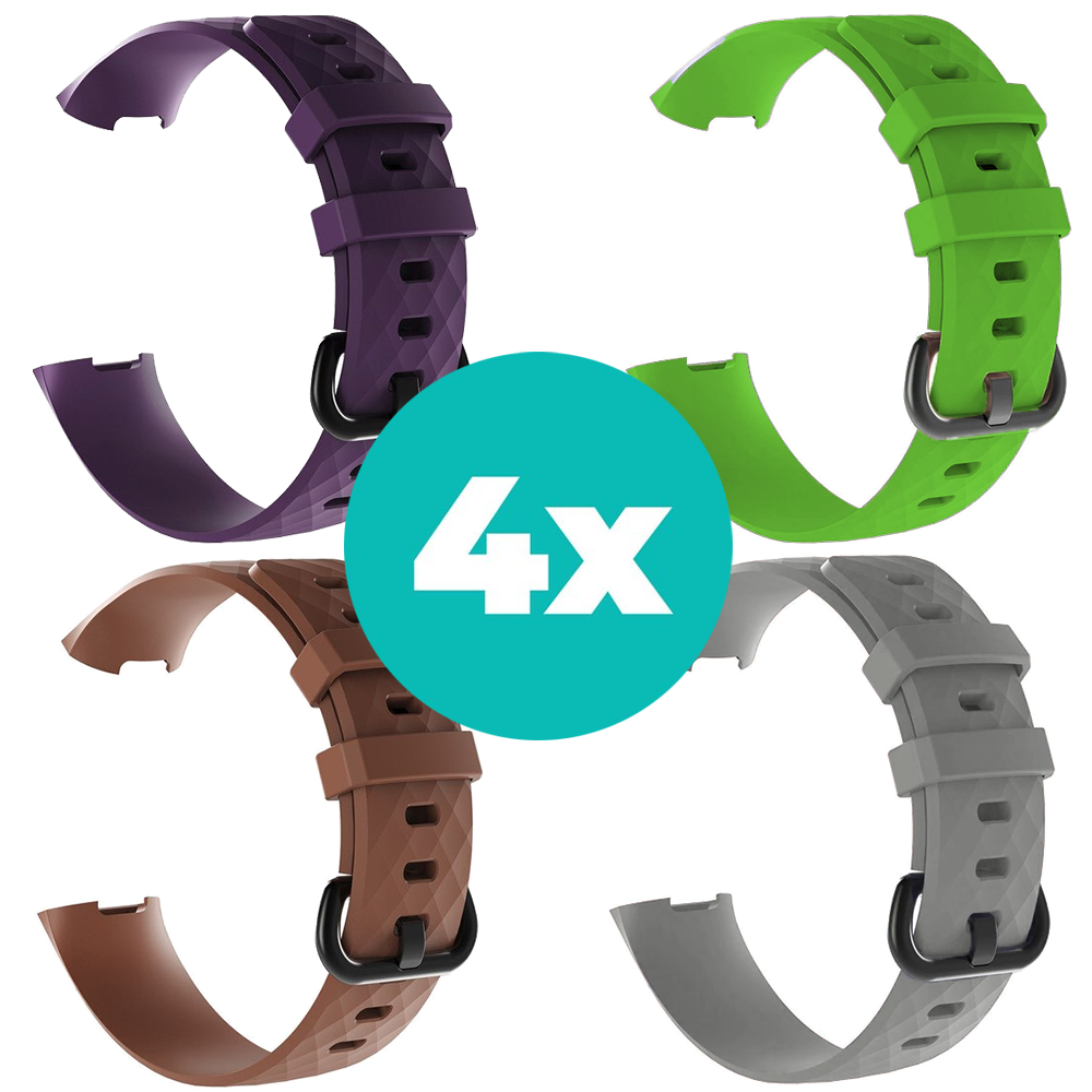 Strap-it Siliconen bandjes geschikt voor Fitbit Charge 4 bandje - Bundel van 4 bandjes - Sport bandje Geschikt voor Fitbit Charge 3 bandje - Set bandjes 4x Paars - Bruin - Grijs - Groen - Maat S/M (Small)