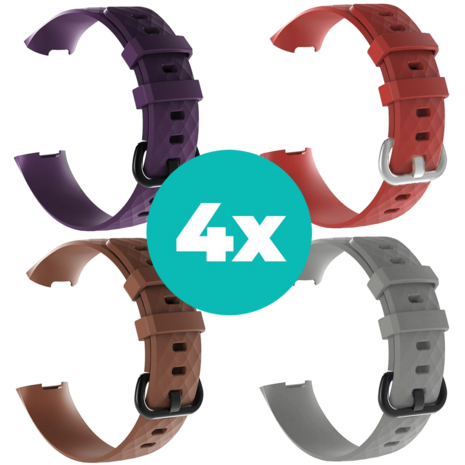 Strap-it Siliconen bandjes geschikt voor Fitbit Charge 4 bandje - Bundel van 4 bandjes - Sport bandje Geschikt voor Fitbit Charge 3 bandje - Set bandjes 4x Paars - Bruin - Grijs - Rood - Maat S/M (Small)