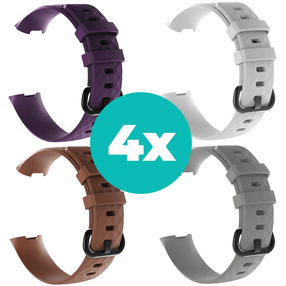 Strap-it Siliconen bandjes geschikt voor Fitbit Charge 4 bandje - Bundel van 4 bandjes - Sport bandje Geschikt voor Fitbit Charge 3 bandje - Set bandjes 4x Paars - Bruin - Grijs - Wit - Maat S/M (Small)