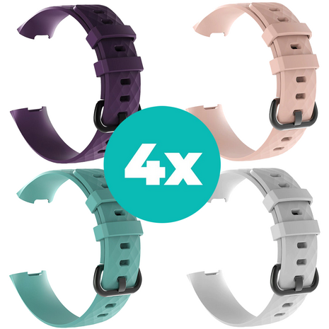 Strap-it Siliconen bandjes geschikt voor Fitbit Charge 4 bandje - Bundel van 4 bandjes - Sport bandje Geschikt voor Fitbit Charge 3 bandje - Set bandjes 4x Paars - Aqua - Wit - Lichtroze - Maat S/M (Small)