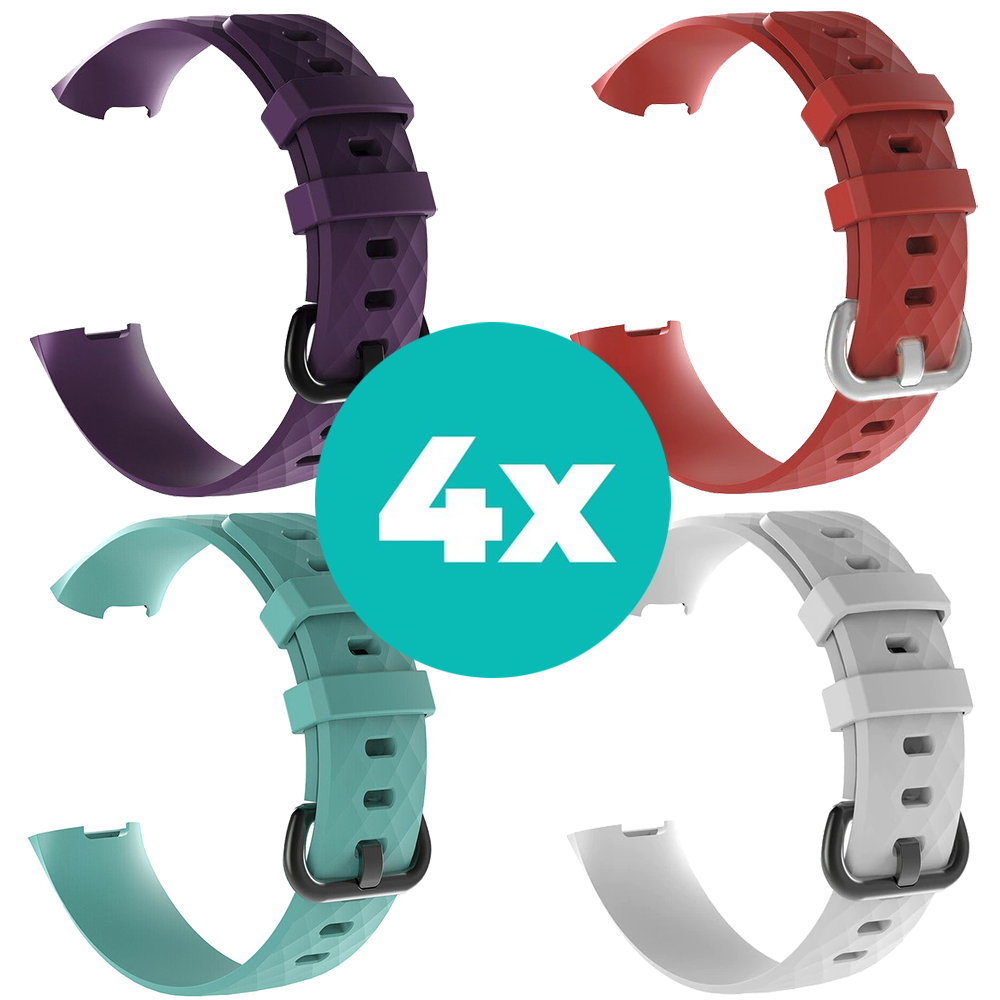 Strap-it Siliconen bandjes geschikt voor Fitbit Charge 4 bandje - Bundel van 4 bandjes - Sport bandje Geschikt voor Fitbit Charge 3 bandje - Set bandjes 4x Paars - Aqua - Wit - Rood - Maat S/M (Small)