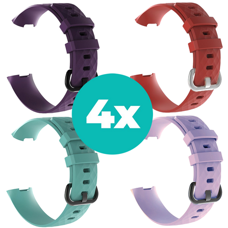 Strap-it Siliconen bandjes geschikt voor Fitbit Charge 4 bandje - Bundel van 4 bandjes - Sport bandje Geschikt voor Fitbit Charge 3 bandje - Set bandjes 4x Paars - Aqua - Lila - Rood - Maat S/M (Small)