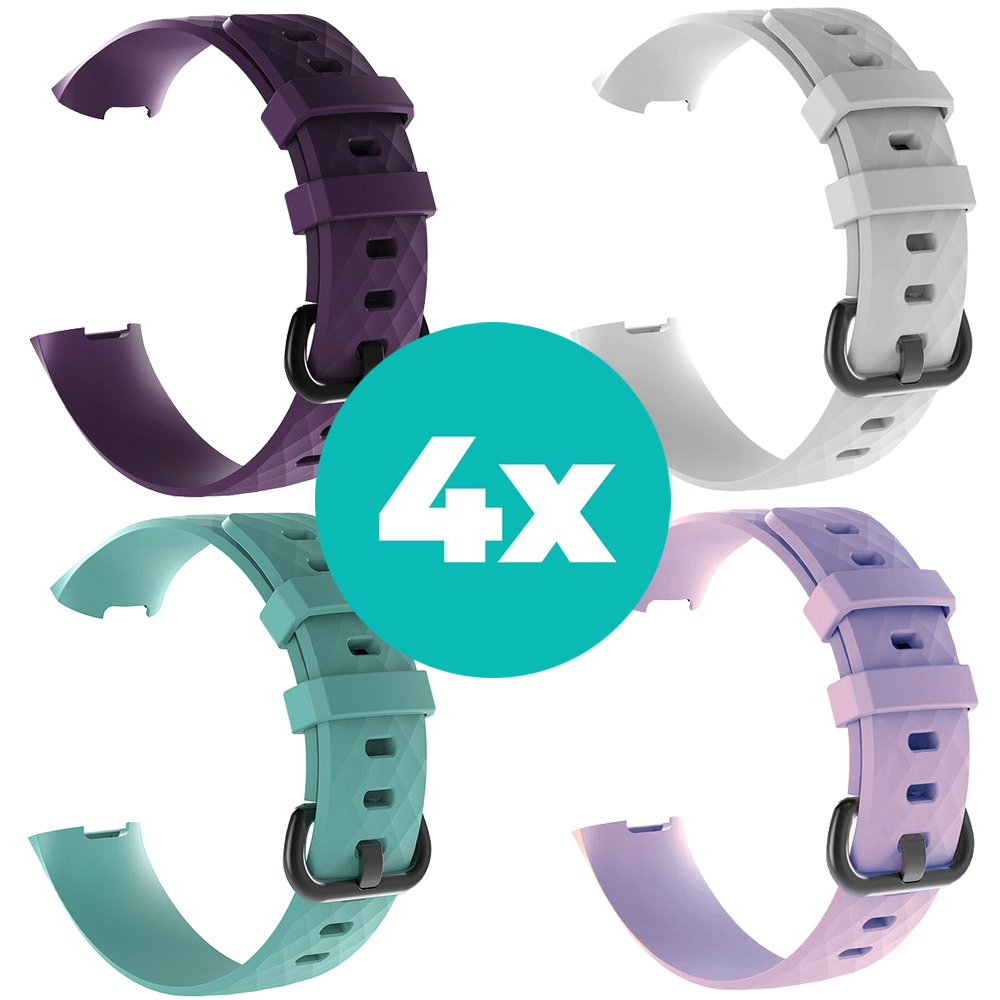 Strap-it Siliconen bandjes geschikt voor Fitbit Charge 4 bandje - Bundel van 4 bandjes - Sport bandje Geschikt voor Fitbit Charge 3 bandje - Set bandjes 4x Paars - Aqua - Lila - Wit - Maat S/M (Small)