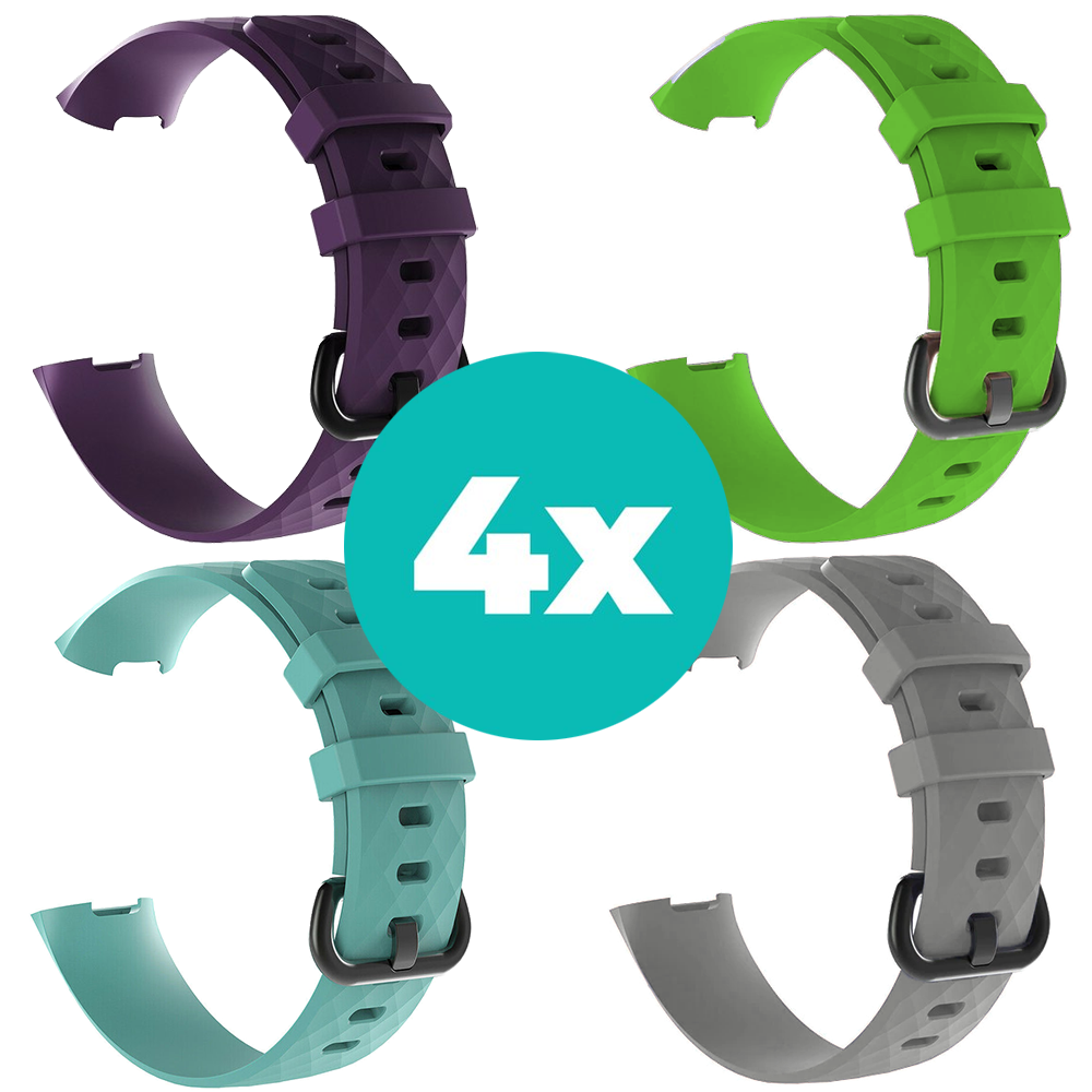 Strap-it Siliconen bandjes geschikt voor Fitbit Charge 4 bandje - Bundel van 4 bandjes - Sport bandje Geschikt voor Fitbit Charge 3 bandje - Set bandjes 4x Paars - Aqua - Grijs - Groen - Maat S/M (Small)