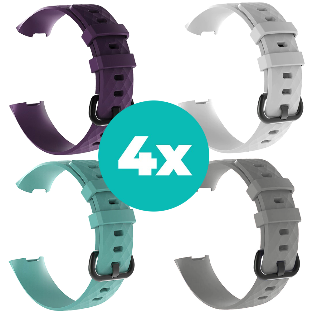 Strap-it Siliconen bandjes geschikt voor Fitbit Charge 4 bandje - Bundel van 4 bandjes - Sport bandje Geschikt voor Fitbit Charge 3 bandje - Set bandjes 4x Paars - Aqua - Grijs - Wit - Maat S/M (Small)