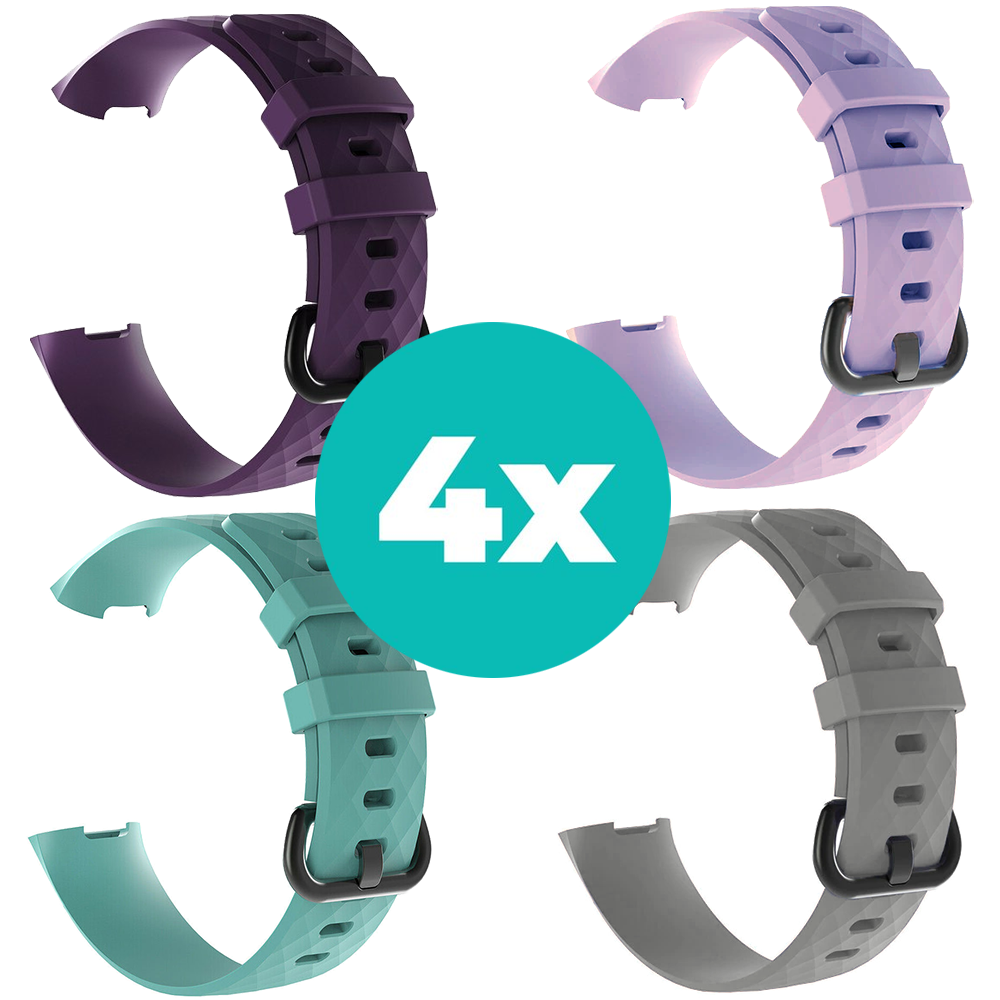 Strap-it Siliconen bandjes geschikt voor Fitbit Charge 4 bandje - Bundel van 4 bandjes - Sport bandje Geschikt voor Fitbit Charge 3 bandje - Set bandjes 4x Paars - Aqua - Grijs - Lila - Maat S/M (Small)