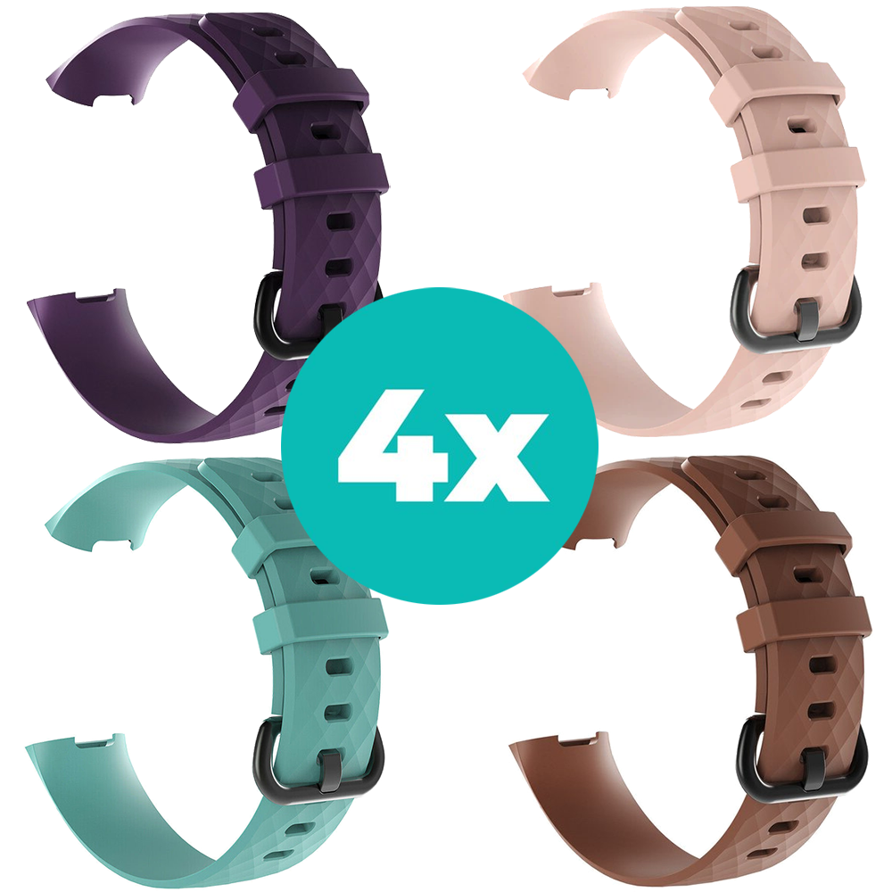 Strap-it Siliconen bandjes geschikt voor Fitbit Charge 4 bandje - Bundel van 4 bandjes - Sport bandje Geschikt voor Fitbit Charge 3 bandje - Set bandjes 4x Paars - Aqua - Bruin - Lichtroze - Maat S/M (Small)