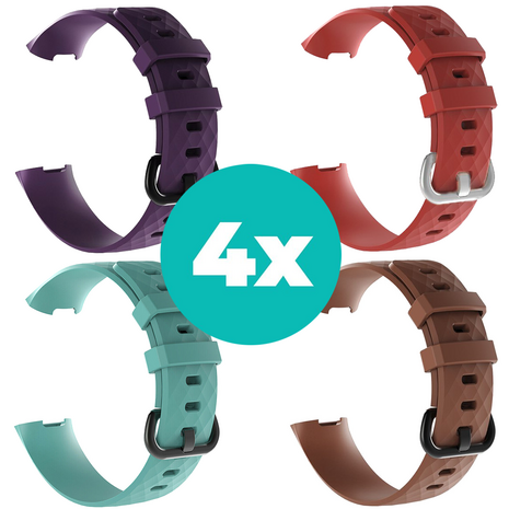 Strap-it Siliconen bandjes geschikt voor Fitbit Charge 4 bandje - Bundel van 4 bandjes - Sport bandje Geschikt voor Fitbit Charge 3 bandje - Set bandjes 4x Paars - Aqua - Bruin - Rood - Maat S/M (Small)