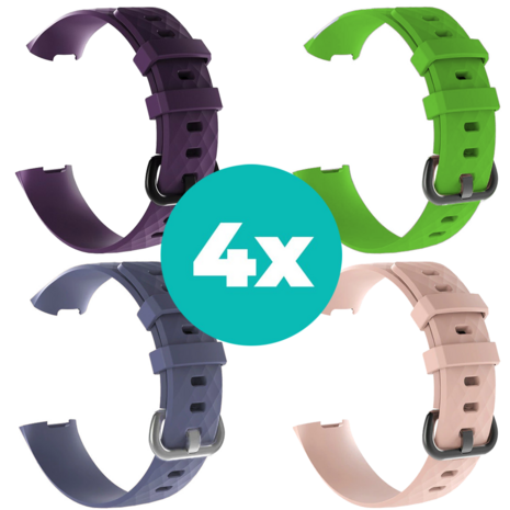 Strap-it Siliconen bandjes geschikt voor Fitbit Charge 4 bandje - Bundel van 4 bandjes - Sport bandje Geschikt voor Fitbit Charge 3 bandje - Set bandjes 4x Paars - Grijsblauw - Lichtroze - Groen - Maat S/M (Small)