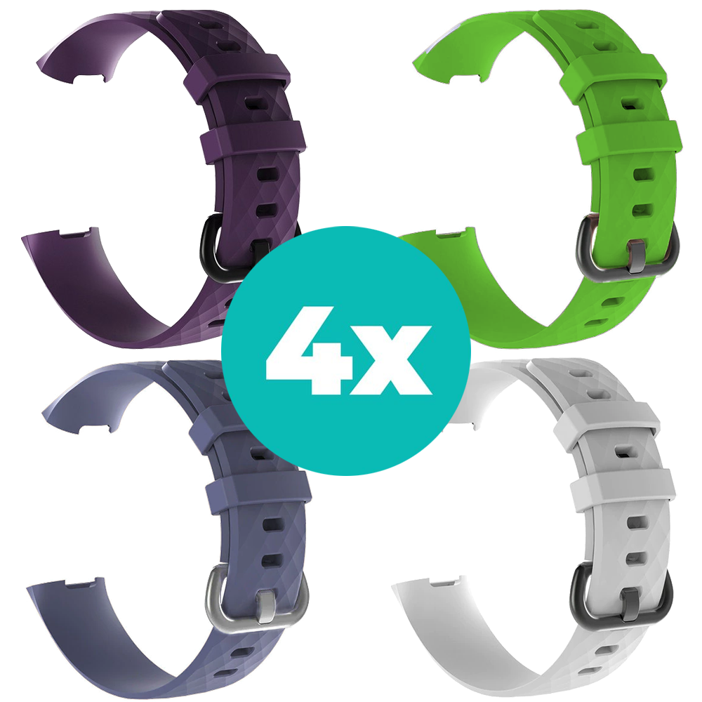 Strap-it Siliconen bandjes geschikt voor Fitbit Charge 4 bandje - Bundel van 4 bandjes - Sport bandje Geschikt voor Fitbit Charge 3 bandje - Set bandjes 4x Paars - Grijsblauw - Wit - Groen - Maat S/M (Small)