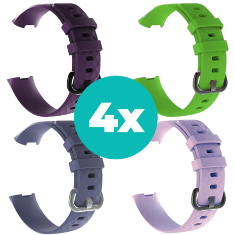 Strap-it Siliconen bandjes geschikt voor Fitbit Charge 4 bandje - Bundel van 4 bandjes - Sport bandje Geschikt voor Fitbit Charge 3 bandje - Set bandjes 4x Paars - Grijsblauw - Lila - Groen - Maat S/M (Small)