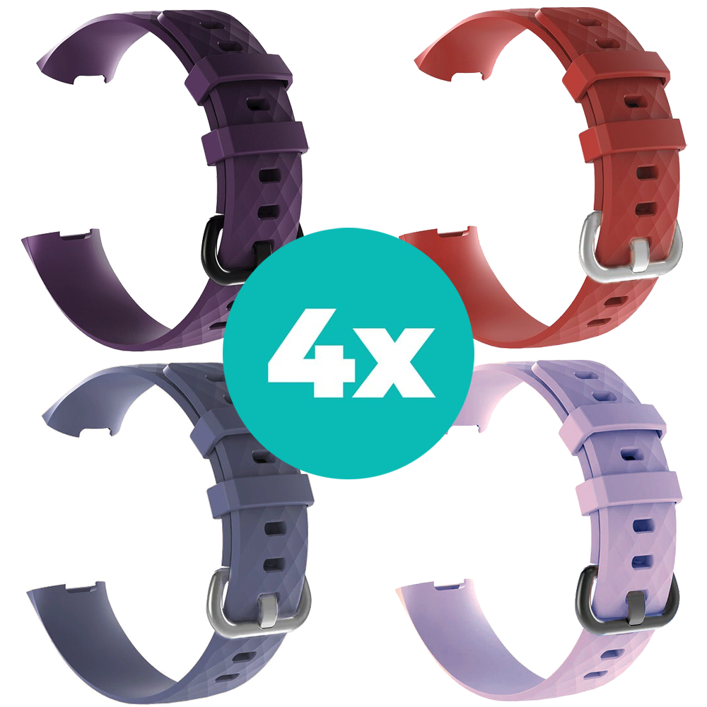 Strap-it Siliconen bandjes geschikt voor Fitbit Charge 4 bandje - Bundel van 4 bandjes - Sport bandje Geschikt voor Fitbit Charge 3 bandje - Set bandjes 4x Paars - Grijsblauw - Lila - Rood - Maat S/M (Small)