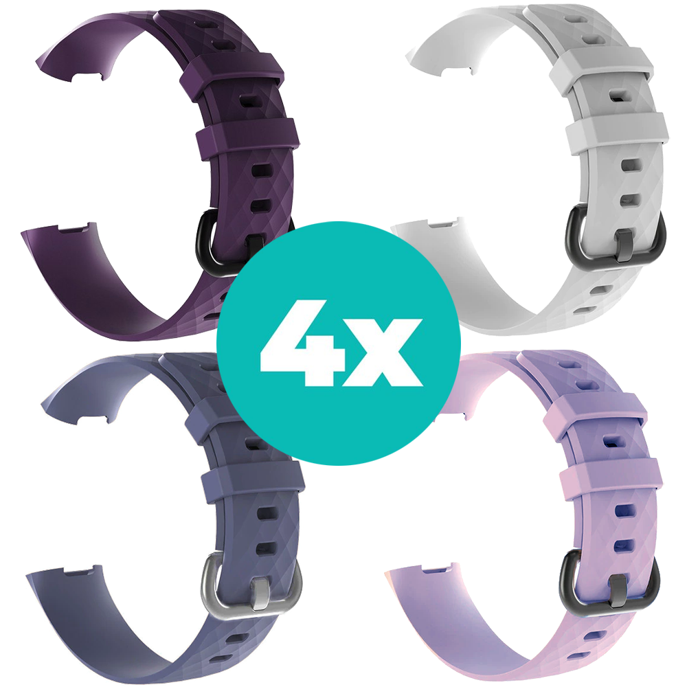 Strap-it Siliconen bandjes geschikt voor Fitbit Charge 4 bandje - Bundel van 4 bandjes - Sport bandje Geschikt voor Fitbit Charge 3 bandje - Set bandjes 4x Paars - Grijsblauw - Lila - Wit - Maat S/M (Small)
