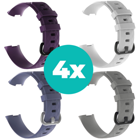Strap-it Siliconen bandjes geschikt voor Fitbit Charge 4 bandje - Bundel van 4 bandjes - Sport bandje Geschikt voor Fitbit Charge 3 bandje - Set bandjes 4x Paars - Grijsblauw - Grijs - Wit - Maat S/M (Small)
