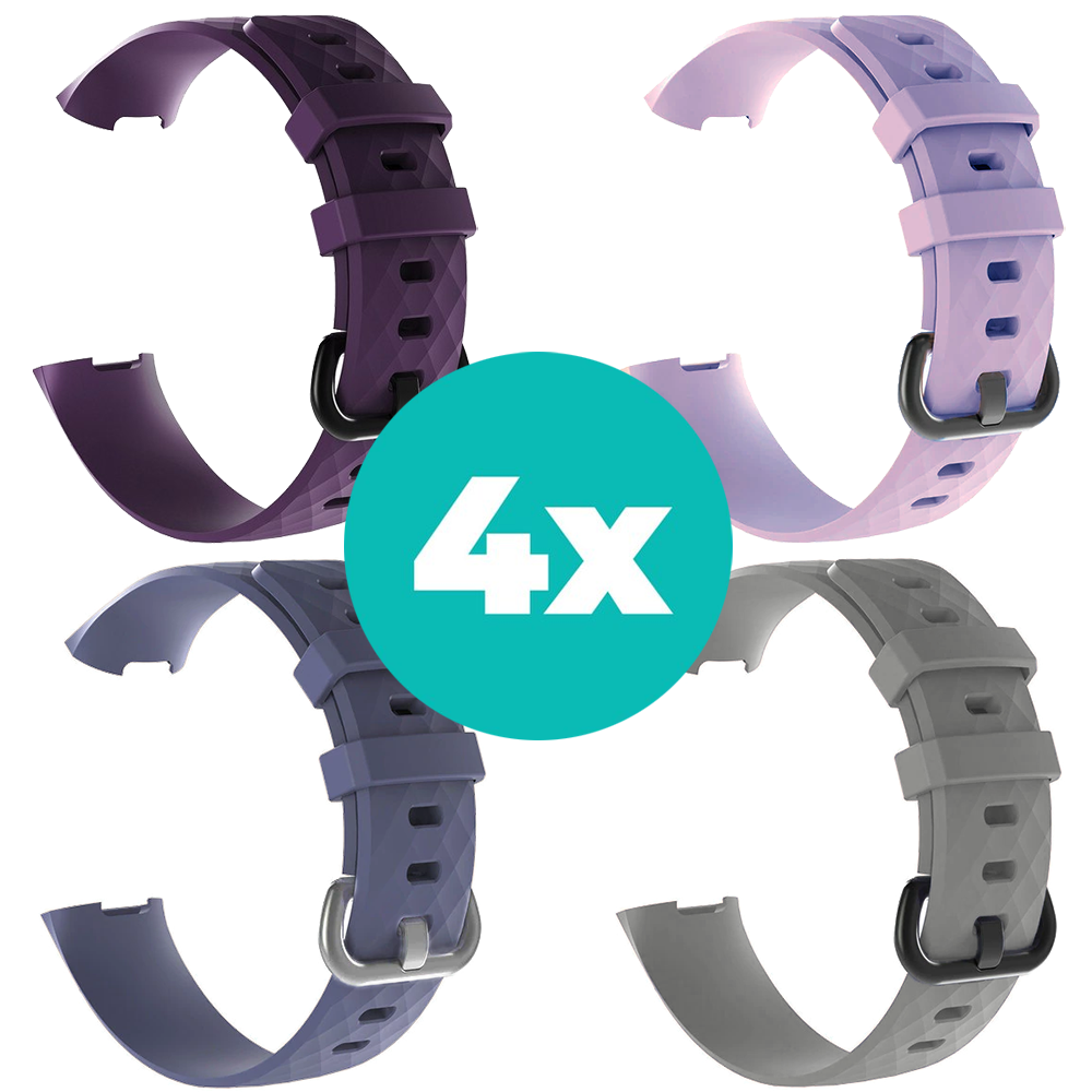Strap-it Siliconen bandjes geschikt voor Fitbit Charge 4 bandje - Bundel van 4 bandjes - Sport bandje Geschikt voor Fitbit Charge 3 bandje - Set bandjes 4x Paars - Grijsblauw - Grijs - Lila - Maat S/M (Small)